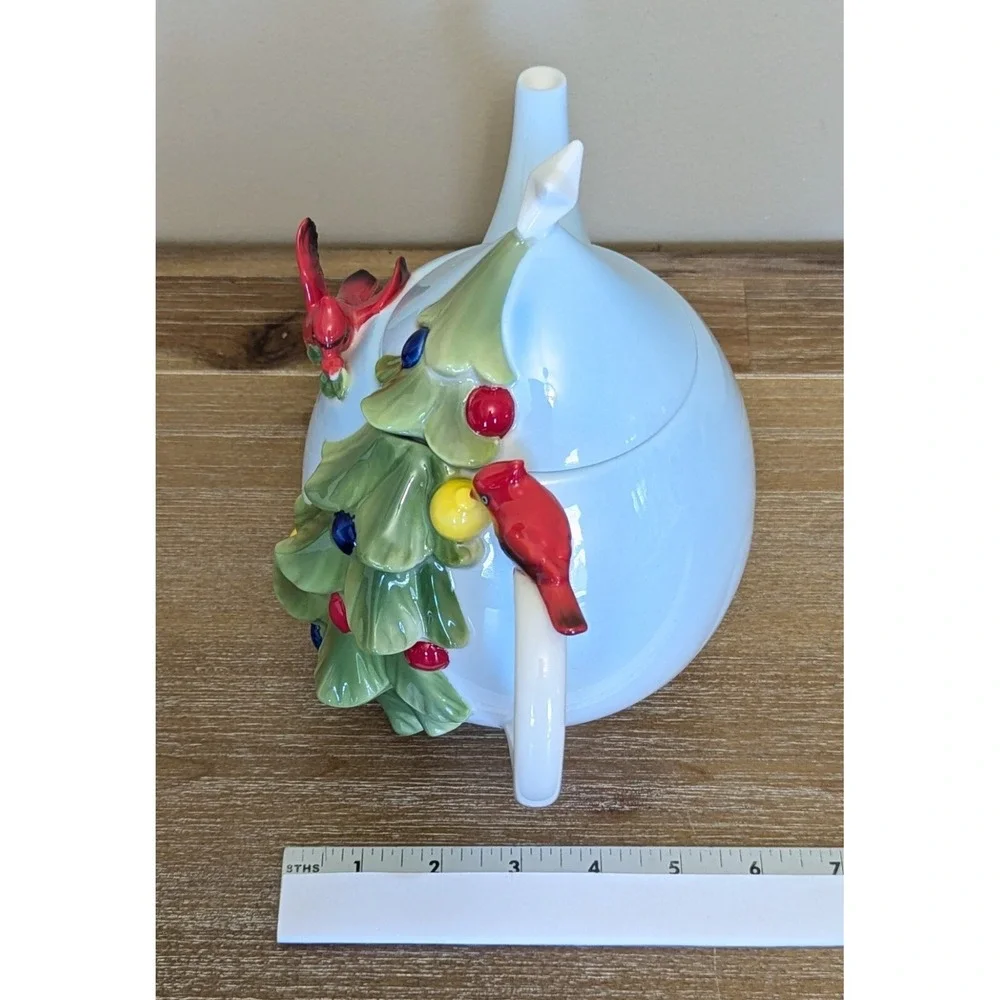 Pier 1 Imports Christmas Tree Teapot Porcelain Cardinal Hand Painted w/Box
